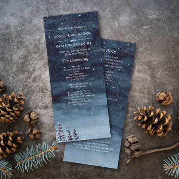 Navy Blue Snowy Winter Night Wonderland Wedding Program