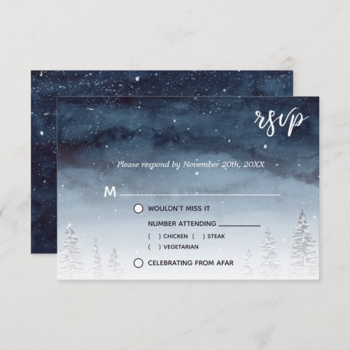 Navy Blue Snowy Winter Scene | Meal Choice RSVP Invitation - This elegant winter watercolor snowy winter scene is perfect for your winter wonderland wedding.