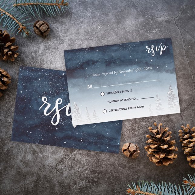 Navy Blue Snowy Winter Scene Wedding | RSVP Invitation (Winter wonderland navy blue snowy night sky in s watercolor makes an elegant wedding rsvp card.)
