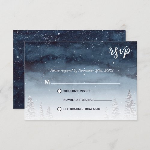 Navy Blue Snowy Winter Scene Wedding | RSVP Invitation - This elegant winter watercolor snowy winter scene is perfect for your winter wonderland wedding.