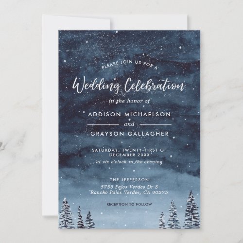 Navy Blue Snowy Winter Wonderland Wedding - This elegant winter watercolor snowy winter scene is perfect for your winter wonderland wedding.