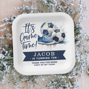 Navy Blue Soccer Kids Watercolor  Paper Plates
