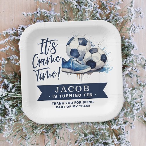 Navy Blue Soccer Kids Watercolor  Paper Plates