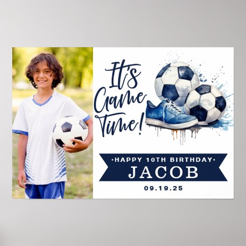 Navy Blue Soccer Kids Watercolor Photo Poster