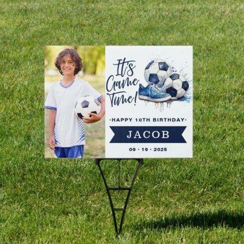 Navy Blue Soccer Kids Watercolor Photo Sign