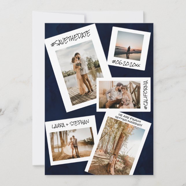 Navy blue social media 5 photo save the date (Front)