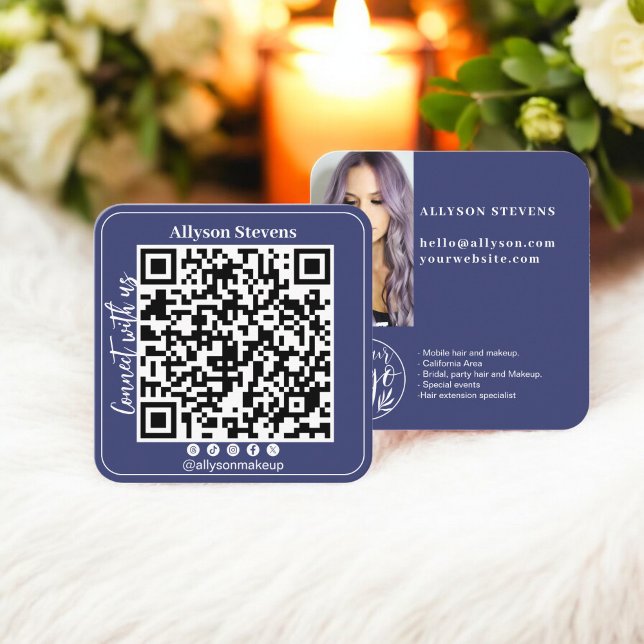 Navy blue Social Media QR Code Photo Logo Square Business Card (Navy blue Social Media QR Code Photo Logo Square Business Card)