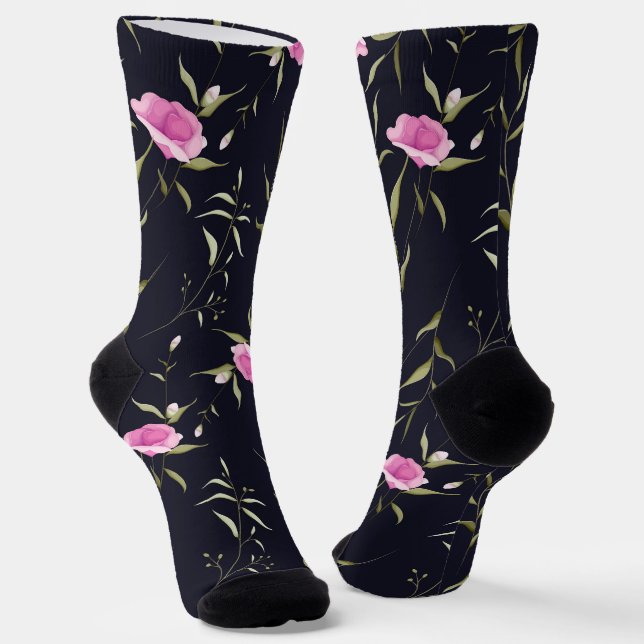 Navy blue socks with a floral pattern feature pink (Angled)