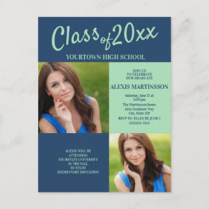 Navy Blue Soft Green Graduation Party Photo Invite