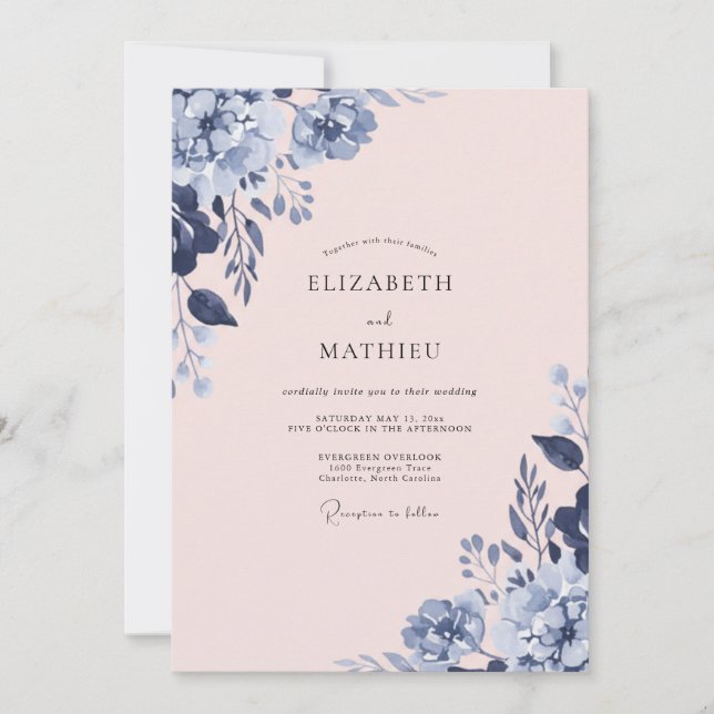 Navy Blue Soft Spring Wedding Invitation (Front)
