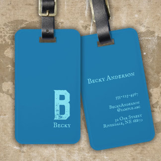 Navy blue solid color cyan initials and name luggage tag