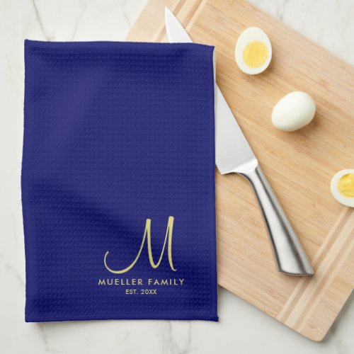 Navy Blue Solid Color Gold Monogrammed Family Name Kitchen Towel