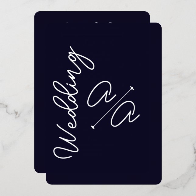 Navy Blue Solid Color Silver Foil Wedding Foil Invitation (Front/Back)