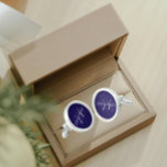 Navy Blue Solid Color Stylized Monogram Cufflinks<br><div class="desc">A pair of sterling silver plated, round cufflinks for the fashionable man to match his outfit that feature a trendy, navy blue color along with his name printed in white, upper case letters and superimposed with white, stylized initials. Personalize your cufflinks by editing and replacing name and initials as desired....</div>