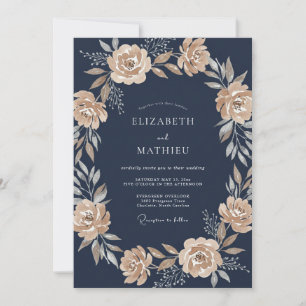 Navy Blue Sophisticated Botanical Wedding Invitation