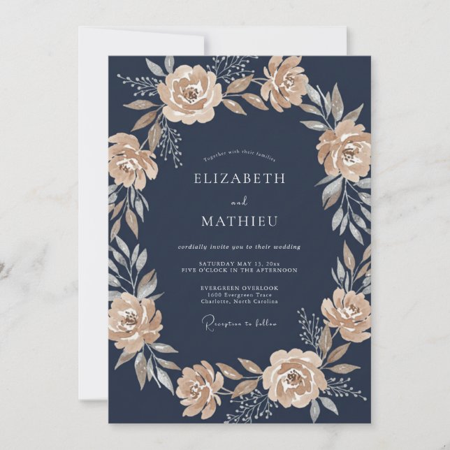 Navy Blue Sophisticated Botanical Wedding Invitation (Front)