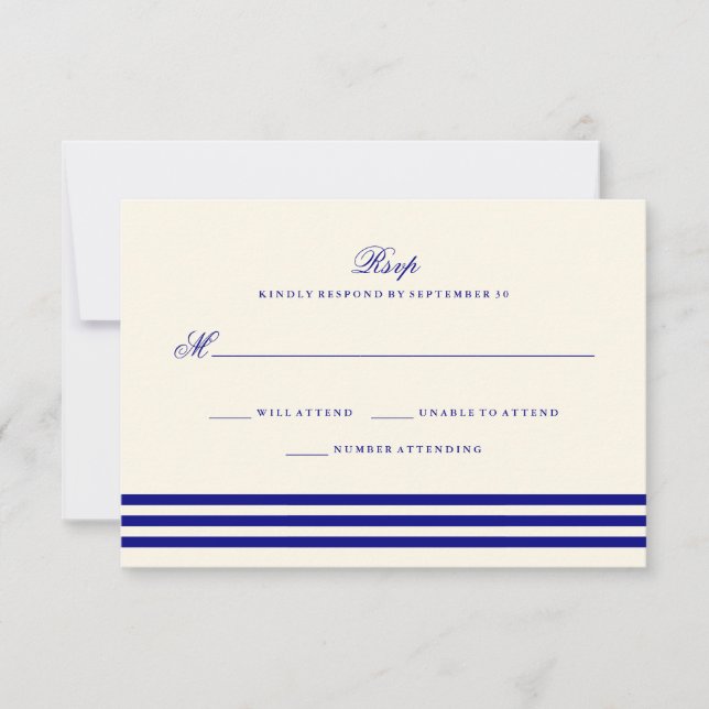 Navy Blue Sophisticated Stripes Wedding RSVP Card (Front)