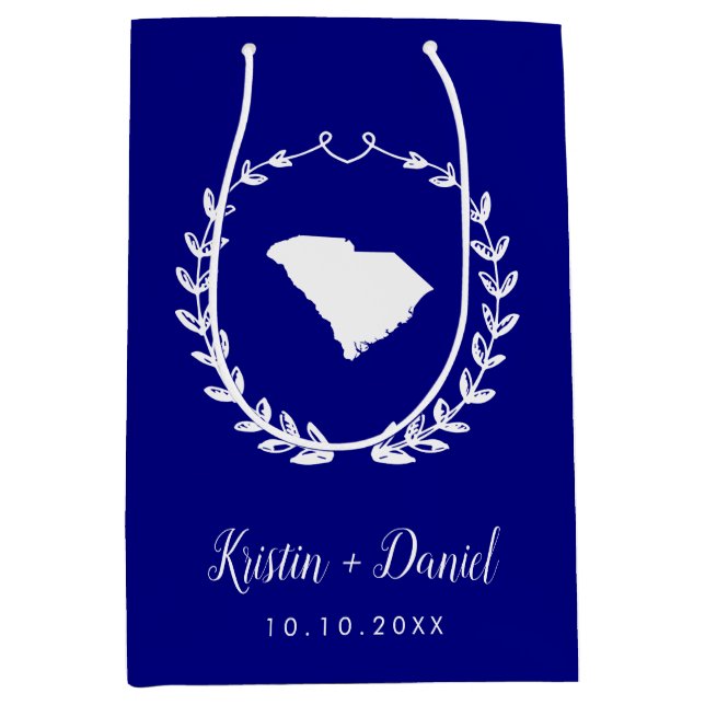 Navy Blue South Carolina Map Wedding Welcome Swag Medium Gift Bag (Front)