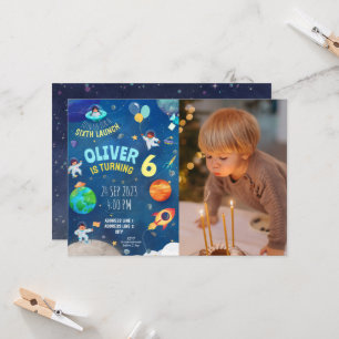 Navy blue, space theme photo birthday  invitation