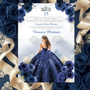 Navy Blue Spanish Princess Silver 15 Años Birthday Invitation