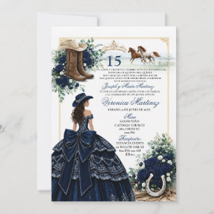 Navy Blue Spanish Western Quinceañera Invitation