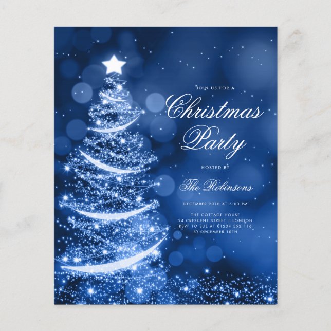 Navy Blue Sparkling Xmas Tree Invite Program Menu Flyer (Front)