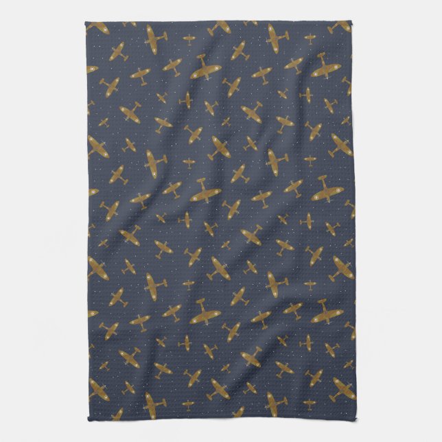 Navy Blue Spitfire War Plane Patterned Kitchen Towel (Vertical)