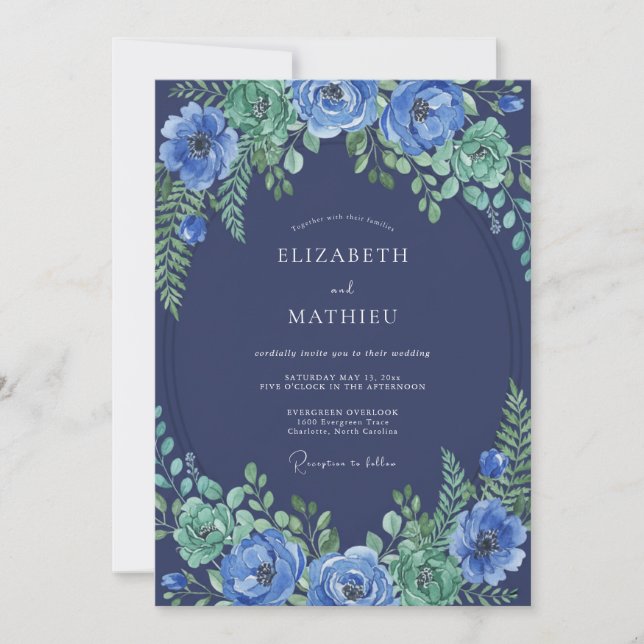 Navy Blue Splendid Botanical Wedding Invitation (Front)