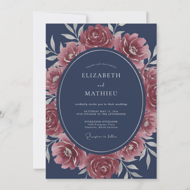 Navy Blue Splendid Rose Wedding Invitation (Front)
