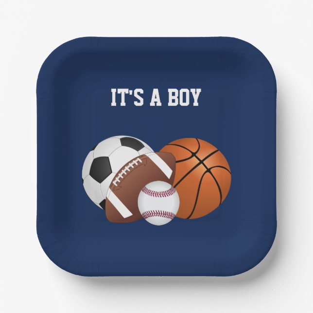 Navy Blue Sports Baby Shower It's a Boy Paper Plates (Front)