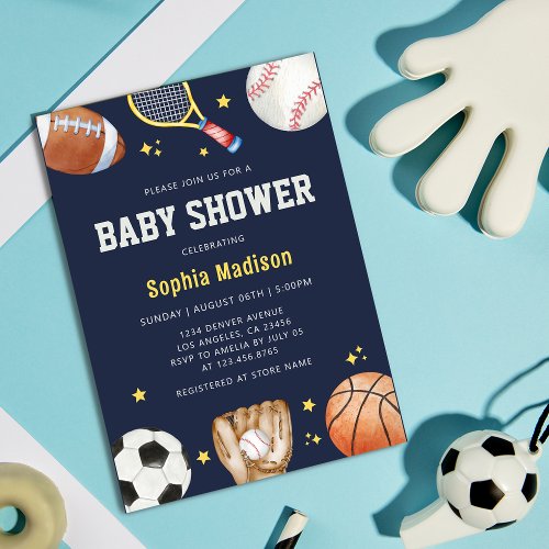 Navy Blue Sports Theme Baby Shower  Invitation