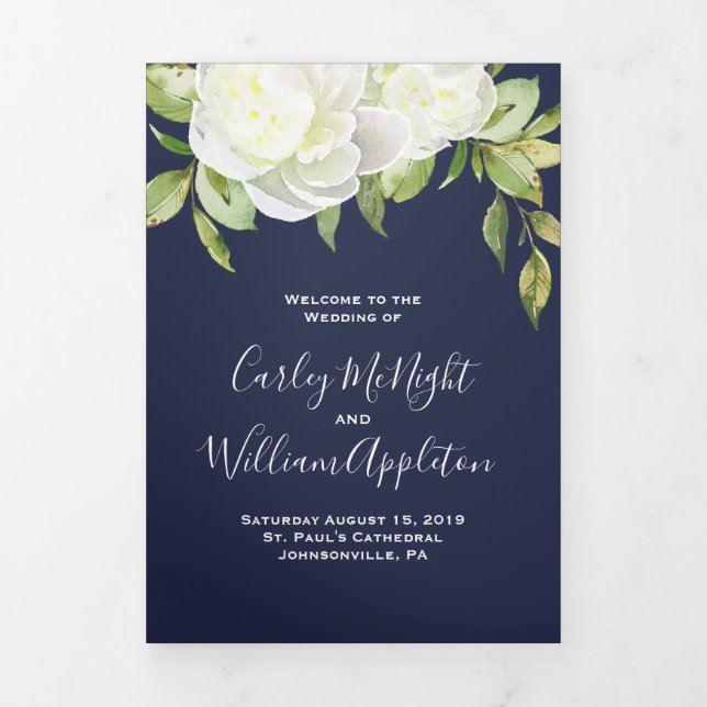 Navy Blue Spring Floral Peony Wedding Program (Cover)