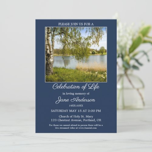 Navy Blue Spring Photo Celebration of Life Invitation