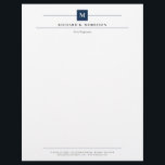 Navy Blue Square Monogram Elegant Minimalist Letterhead<br><div class="desc">Professional letterhead in white with black fonts and your initial in white against a navy blue square with thin lines framing your name, title, and contact information. Elegant and clean letterhead personalized with monogram, name, title, and contact info in a minimalist and timeless black, navy blue, and white design. Manly...</div>