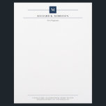 Navy Blue Square Monogram Elegant Minimalist Letterhead<br><div class="desc">Professional letterhead in white with black fonts and your initial in white against a navy blue square with thin lines framing your name, title, and contact information. Elegant and clean letterhead personalized with monogram, name, title, and contact info in a minimalist and timeless black, navy blue, and white design. Manly...</div>