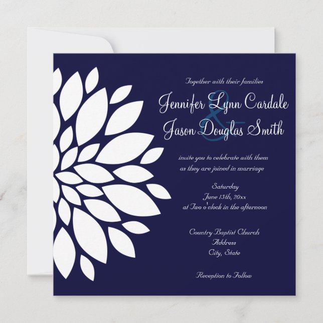 Navy Blue Square Wedding Invitations White Flower (Front)