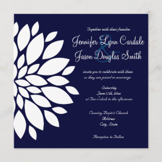Navy Blue Square Wedding Invitations White Flower
