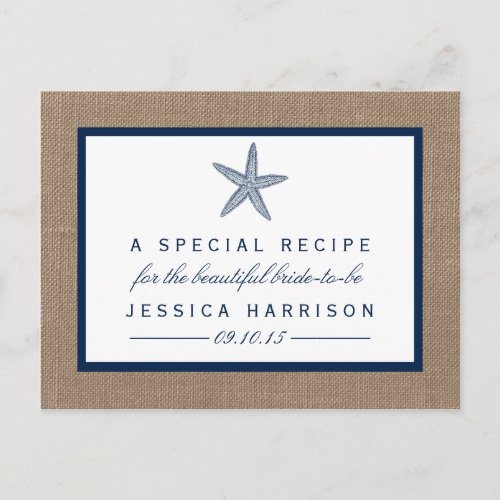 Navy Blue Starfish Beach Bridal Shower Recipe Card