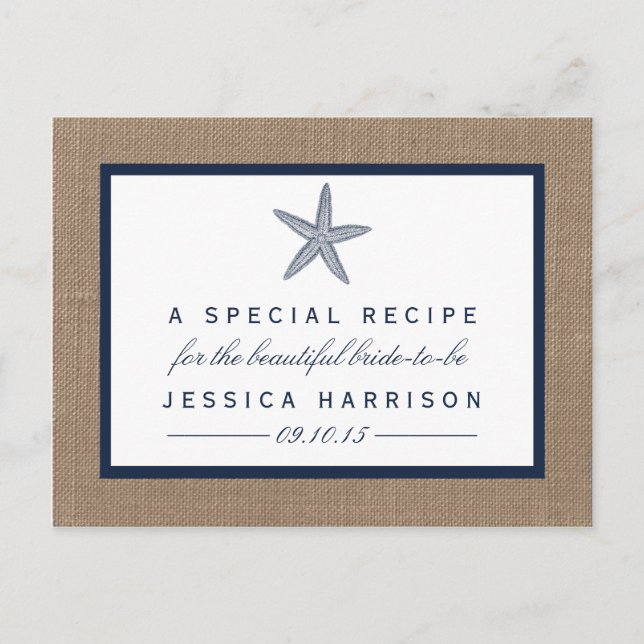 Navy Blue Starfish Beach Bridal Shower Recipe Card (Front)