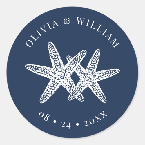 Navy Blue Starfish Beach Coastal Wedding  Classic Round Sticker