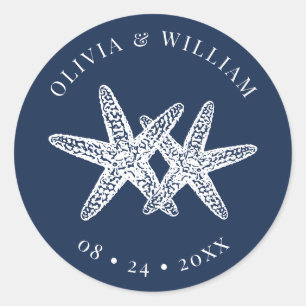 Navy Blue Starfish Beach Coastal Wedding  Classic Round Sticker