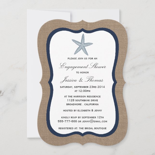 Navy Blue Starfish Burlap Beach Engagement Shower Invitation (Front)