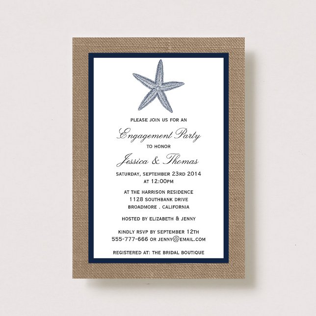 Navy Blue Starfish Burlap Beach Engagement Shower Invitation (Creator Uploaded)
