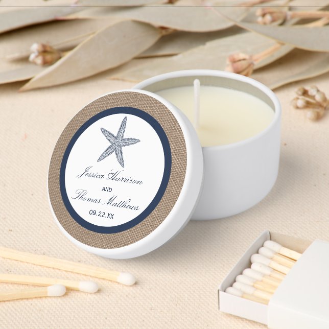 Navy Blue Starfish Burlap Beach Wedding Collection Mini Candle Favors (Insitu)