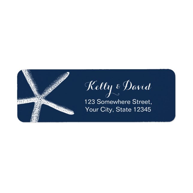 Navy Blue Starfish Elegant Beach Wedding Label (Front)