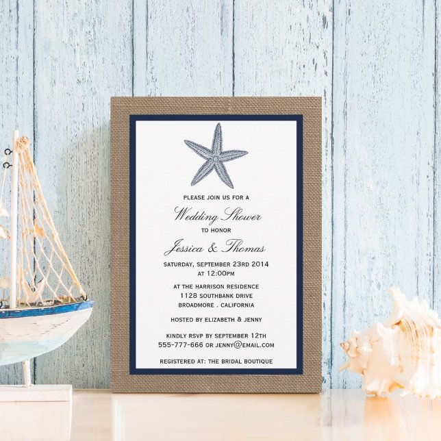 Navy Blue Starfish On Burlap Beach Wedding Shower Invitation (Creator Uploaded)