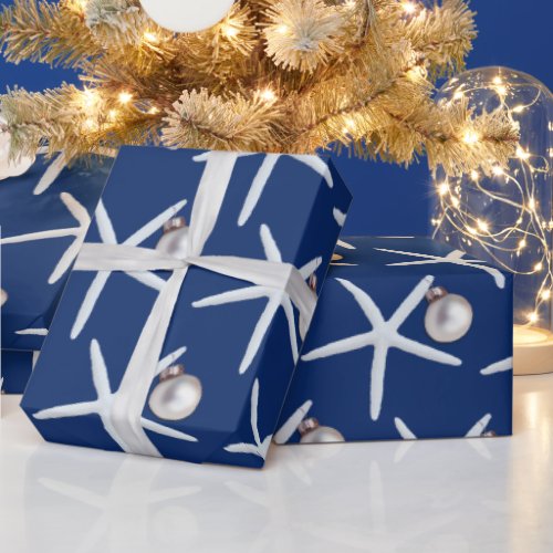 Navy Blue Starfish Pattern Christmas Gift Wrap