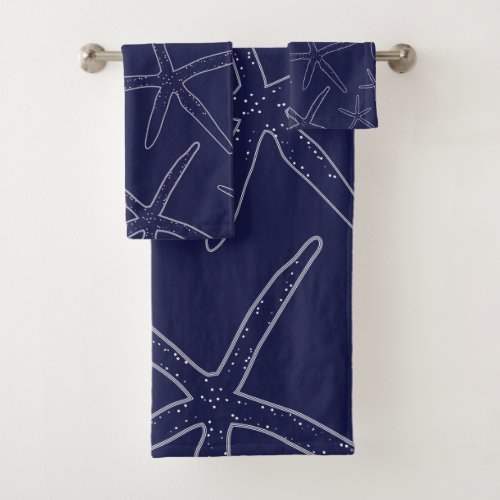 Navy Blue Starfish Sand Dollar Bathroom Towel Set