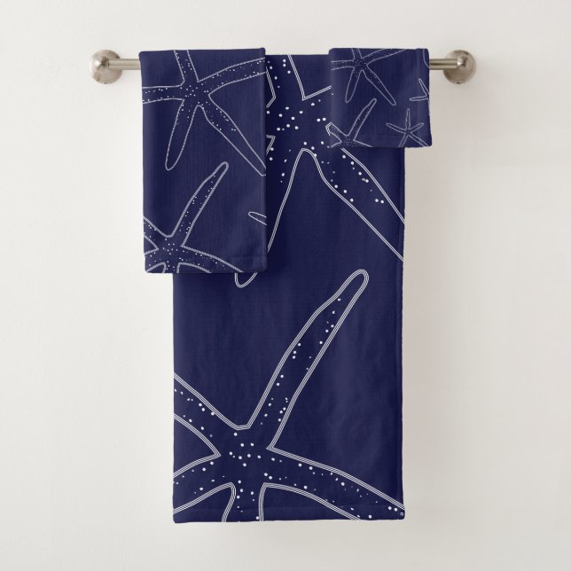 Navy Blue Starfish, Sand Dollar Bathroom Towel Set (Insitu)