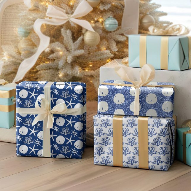 Navy Blue Starfish Sand Dollar Christmas Wrapping Paper Sheets (Creator Uploaded)